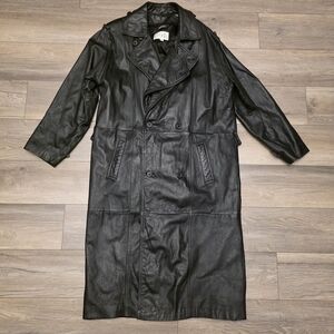 VTG 90s Pelle Studio Trench Coat Black 100% Leather Double Breasted Lined